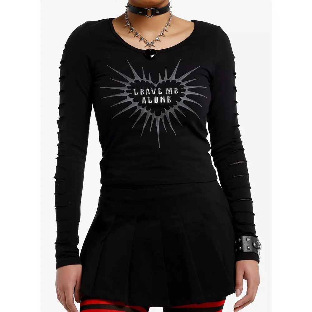 Leave Me Alone Graphic Top Black Shredded Mesh Sleeve Goth Emo Punk Tee grunge